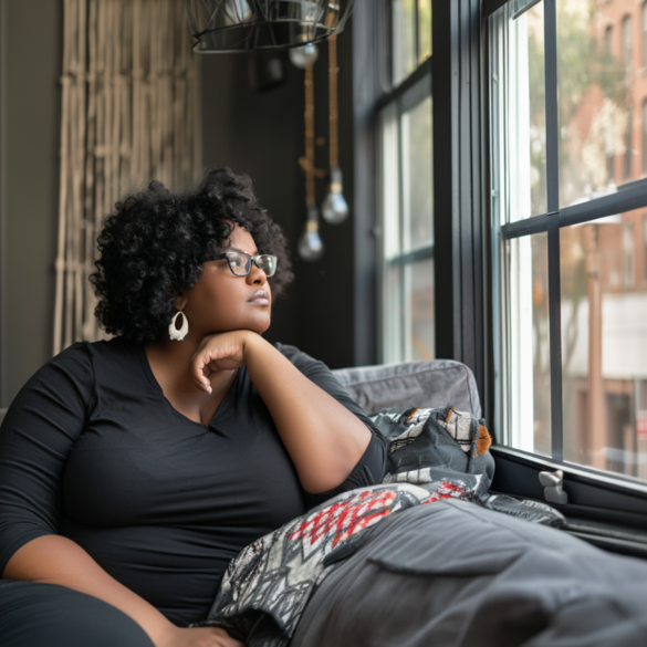 Thoughtful woman with natural curly hair and glasses sitting by a large window, resting her chin on her hand while gazing outside. She is wrapped in a patterned blanket, surrounded by soft natural light, symbolizing a moment of self-reflection and inner healing.- ThatDamnScale.com