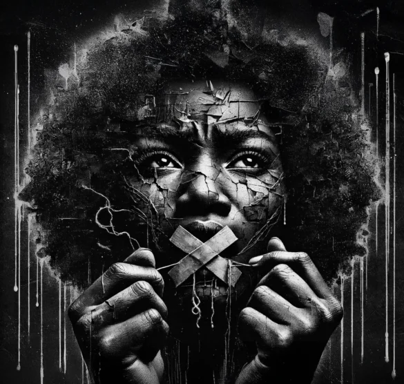 A monochrome image of a woman with tape over her mouth, her face appearing cracked like weathered paint, symbolizing silenced voices and personal struggle. Her hands are near her face, pulling at the tape as if reclaiming her voice. The background is textured and abstract, emphasizing raw emotion and resilience. - ThatDamnScale.com