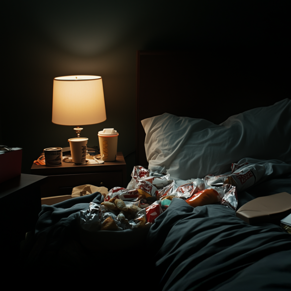 A dimly lit bedroom with a bedside table holding a lamp, coffee cups, and canned food. The bed is cluttered with fast food wrappers, cartons, and containers, symbolizing the aftermath of an emotional binge. - ThatDamnScale.com