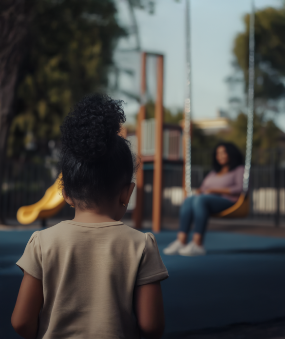 A young girl with her back turned, wearing a beige shirt, stands at a playground with her hair in a curly bun. In the background, a woman sits on a swing, gazing thoughtfully into the distance.
